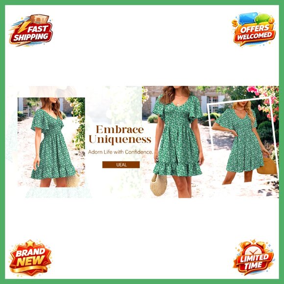 Floral Smocked V Neck Flutter Sleeve Sundress with Pockets Casual Summer Dress - Picture 7 of 7